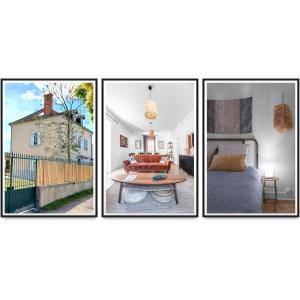 three pictures of a living room and a house at La Grande Maison Gannat in Gannat