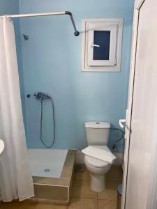 een blauwe badkamer met een toilet en een douche bij San Constantine II in Ornos