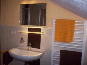 a bathroom with a sink and a mirror at Ferienwohnung Haus Hollerbusch in Zwiesel