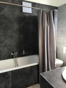 a bathroom with a shower curtain and a bath tub at Bocskai Domb Vendégház in Nagykálló +124 photos