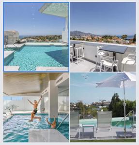 un collage de cuatro fotos de una mujer en una piscina en Luxury Penthouse Pedro - The View Fuengirola en Fuengirola