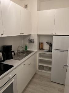 uma cozinha branca com um lavatório e um frigorífico em Apartment Falg em Goslar