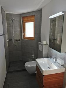 a bathroom with a shower and a toilet and a sink at Ferienwohnung im Haus Soldanella in Obersaxen
