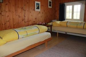 3 camas en una habitación con paredes de madera y ventana en Bärengaden 4-Bettwohnung, en Hasliberg Wasserwendi
