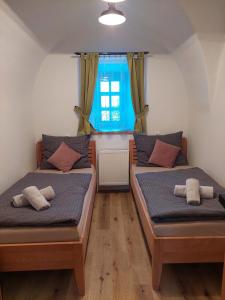 dwa łóżka w pokoju z oknem w obiekcie Villa Celnice w Czeskim Krumlovie