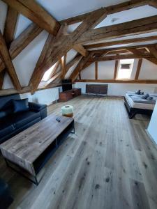 a large living room with a couch and a bed at Villa Celnice in Český Krumlov