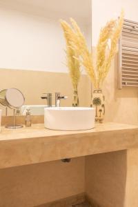 eine Badezimmertheke mit einem Waschbecken und einem Spiegel in der Unterkunft Riad Ksar Saad & Spa in Marrakesch