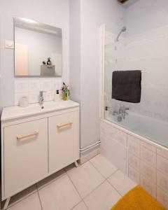 La salle de bains blanche est pourvue d'un lavabo et d'une douche. dans l'établissement Le Rose poudré - Spacieux et lumineux- Hypercentre, à Lisle-sur-Tarn