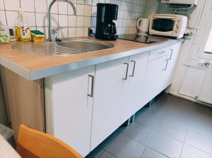 a kitchen counter with a sink and a microwave at Maison de Pêcheur La Gorge Bleue in Saint-Valéry-sur-Somme