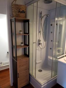 La salle de bains est pourvue d'une douche et d'une cabine de verre. dans l'établissement appartement résidence val soleil., à Eaux-Bonnes