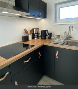 a kitchen with dark green cabinets and a sink at Sommerhäuschen in Rheinsberg