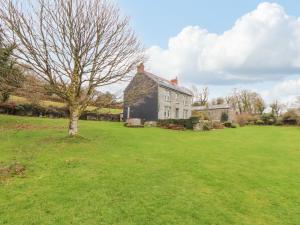 a white house with a tree in a field at Treveddoe Farmhouse in Bodmin