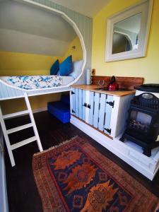 a bedroom with a bunk bed and a stove at Bluebell in Newton Stewart