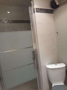 La salle de bains blanche est pourvue d'une douche et de toilettes. dans l'établissement Duplex avec jardin, proche village, à Calenzana