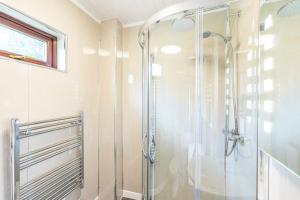 a shower in a bathroom with a glass shower stall at Bluebell Lodge 2 with Hot Tub in Newton Stewart +12 photos