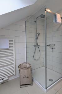 a shower with a glass door in a bathroom at Moderne Ferienwohnung mit Südbalkon in der Nähe der Stever in Lüdinghausen