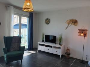 salon z telewizorem i krzesłem w obiekcie Cosy Opal 2CH - Terrasse & Stationnement gratuit w mieście Pau