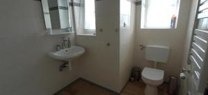 biała łazienka z toaletą i umywalką w obiekcie OK FERIEN - Altes Bahnhaus w mieście Muldenhammer