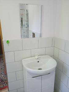 bagno con lavandino bianco e specchio di Guest house Kyzyl alma a Arkit