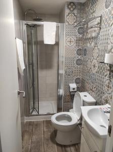 a bathroom with a shower and a toilet and a sink at hostal olozaga in Alicante