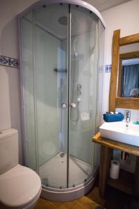 a shower in a bathroom with a toilet and a sink at Modern & Recycled Guest House in Machico