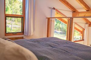 基洛納的住宿－Myra Canyon Lodge，一间卧室设有一张床和两个窗户。