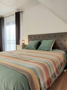 een slaapkamer met een groot bed en een kleurrijke deken bij La Chambre du Valois in Cuvergnon