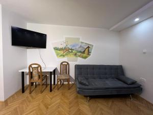 a living room with a couch and a table and a tv at Mici's Apartments in Visoko