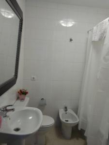 セビリアにあるDeluxe Apartment LA PLATAのバスルーム(洗面台、トイレ、鏡付)