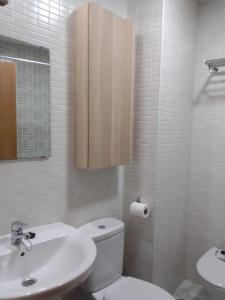 セビリアにあるDeluxe Apartment LA PLATAのバスルーム(白いトイレ、シンク付)