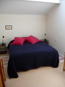 una camera con letto blu e 2 cuscini rossi di Appartement Ranavalo Pays Basque ad Anglet