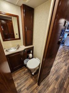 a small bathroom with a toilet and a sink at Paradise on Lake Harris unit RV#5 in Leesburg