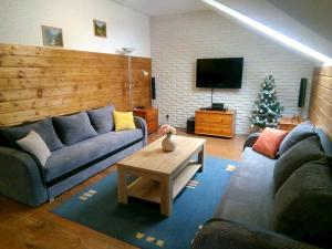 a living room with a blue couch and a christmas tree at SKI&SUN - Apartmán B11 in Liptovský Mikuláš