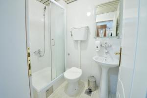 e bagno con servizi igienici, doccia e lavandino. di Hotel Podostrog a Budua