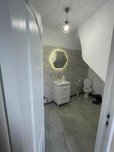 łazienka z umywalką i toaletą w obiekcie Cabana Panorama Piscului Valea Doftanei w mieście Teşila