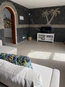 ein Wohnzimmer mit einem Sofa und einem TV in der Unterkunft Apartamento Joshualba in Mesquer