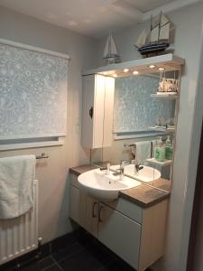 a bathroom with a sink and a mirror at Coastguard Cottage in Newcastle