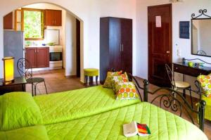 a bedroom with a green bed and a kitchen at Anatoli Residences in Alonnisos Old Town