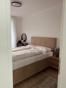 a bedroom with a large bed and a mirror at Luxury Apartment Kadic in Sarajevo