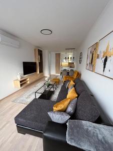un salon avec un canapé noir et une télévision dans l'établissement Luxury Apartment Kadic, à Sarajevo