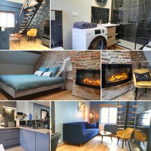 a collage of photos of a living room with a fireplace at Calme/ Confortable / Esthétique / Centre-ville in Valenciennes