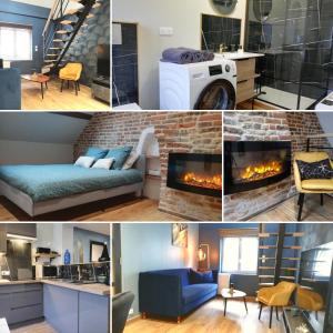 un collage de fotos de una sala de estar con chimenea en Calme/ Confortable / Esthétique / Centre-ville, en Valenciennes
