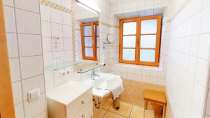 Baño blanco con lavabo y espejo en Bauernhofpension Herzog zu Laah, en Linz