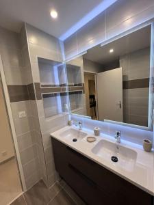 a bathroom with a sink and a large mirror at Appartement brest st-marc 6-8personne 2min centre in Brest