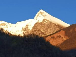 a snow covered mountain with trees in front of it at Apartma Ročica in Kobarid