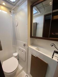 bagno con servizi igienici, lavandino e specchio di Catamaran White Beach a Playa Blanca