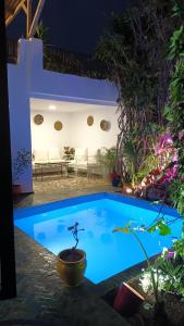 - une petite piscine bleue dans un jardin la nuit dans l'établissement Dar Ben Daoud avec piscine et terrasse privee, à Fès