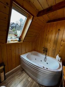 una vasca da bagno in una stanza con finestra di Triangle House Parang a Petroşani