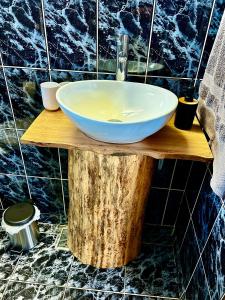 La salle de bains est pourvue d'un lavabo au-dessus d'un arbre. dans l'établissement Cabana Mia Parang, à Petroşani