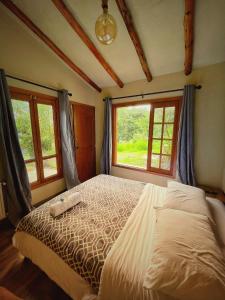 a bedroom with a large bed with two windows at The Naked House - Hotel Nudista in Nemocón